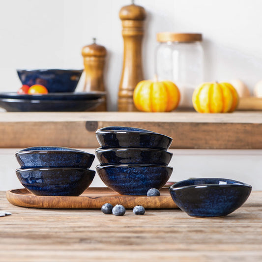 vicrays Ceramic Dipping Sauce Bowls – Small Charcuterie Dip Cups Cooking Prep Condiment Oil Dish Mini Tapas Plates for Soy Sushi Salsas Wasabi Appetizer Dessert - Set of 6 Blue